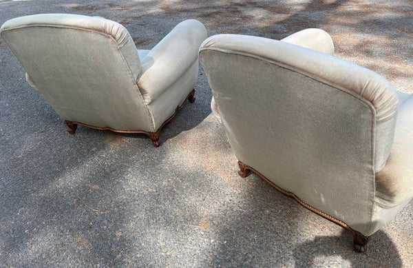 Paire de fauteuils club vintage en velours vert/beige et bois