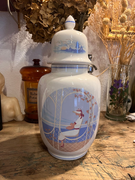 Grand vase / pot à couvercle vintage en porcelaine motif art déco motif été