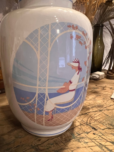 Grand vase / pot à couvercle vintage en porcelaine motif art déco motif été