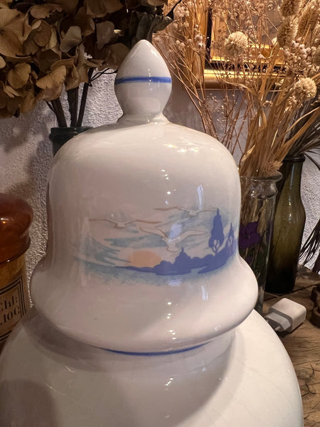 Grand vase / pot à couvercle vintage en porcelaine motif art déco motif été