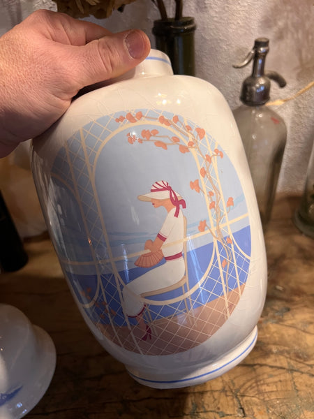 Grand vase / pot à couvercle vintage en porcelaine motif art déco motif été