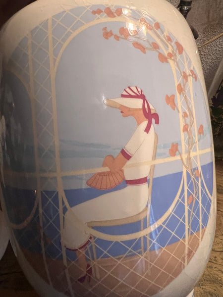 Grand vase / pot à couvercle vintage en porcelaine motif art déco motif été