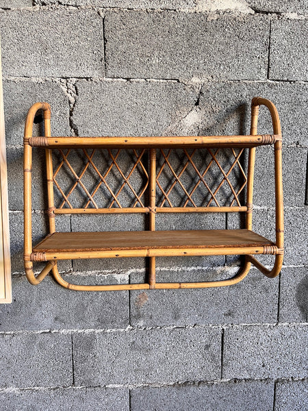 Etagère vintage en rotin et bois à 2 plateaux