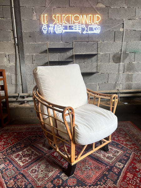 Fauteuil Club vintage en rotin, bambou et osier
