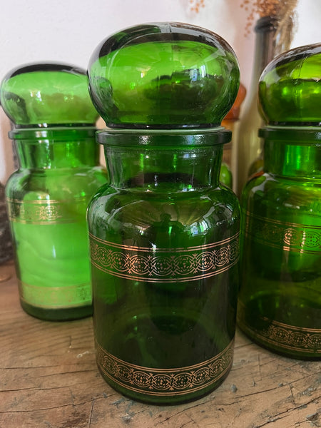 Bocal / pot d'apothicaire vintage en verre vert et doré - Made in Belgium