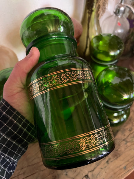 Bocal / pot d'apothicaire vintage en verre vert et doré - Made in Belgium