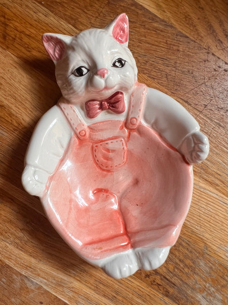 Porte-savon / éponge vintage Chat en salopette en céramique
