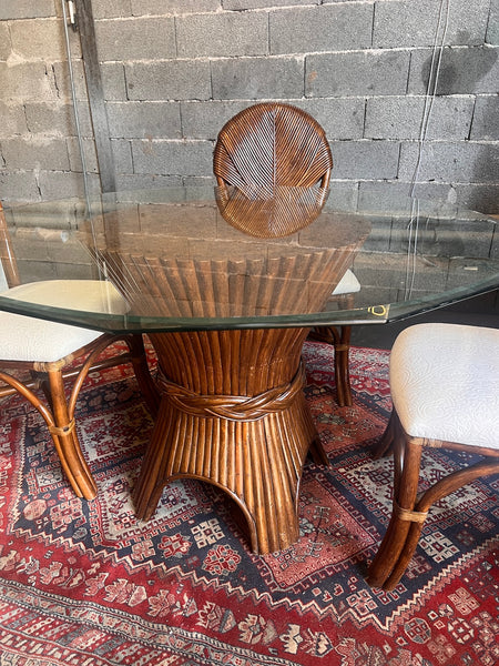 Table à manger épi vintage en rotin "Wheat Sheaf" par John et Elinor McGuire - Années 80