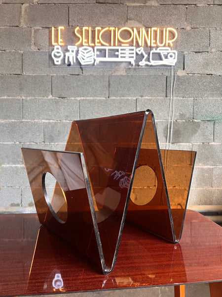Porte-revues vintage en plexiglas marron fumé de Michel Dumas pour Roche Bobois - 1970