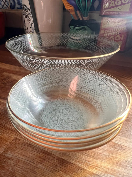 Saladier et 5 coupelles vintages en verre ou cristal motif dentelle - Années 1900