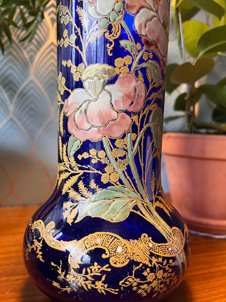 Vase vintage en verre bleu cobalt à motif floral émaillé par François-Théodore Legras - 1890/1900