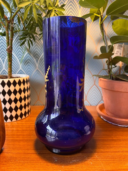 Vase vintage en verre bleu cobalt à motif floral émaillé par François-Théodore Legras - 1890/1900