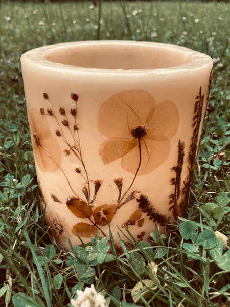 Cache bougie vintage en cire et fleurs séchées
