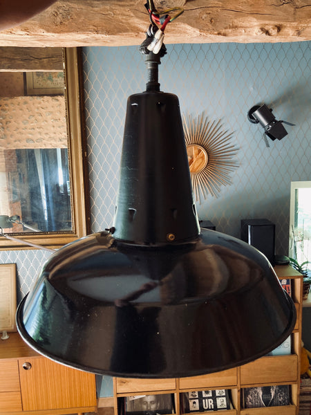 Grande suspension gamelle d'atelier vintage style industriel en tôle émaillée
