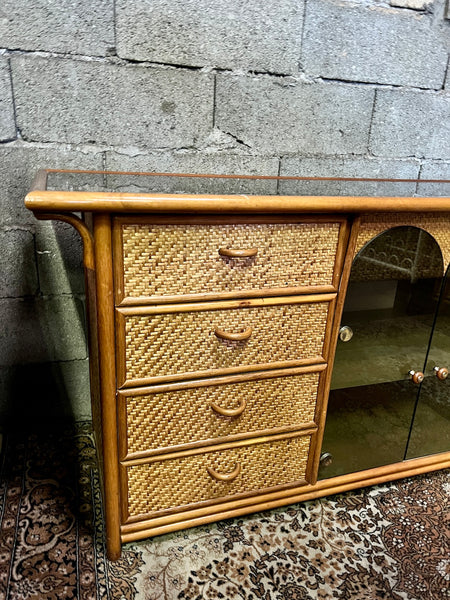 Enfilade buffet vintage en rotin, bois et cannage - Années 70