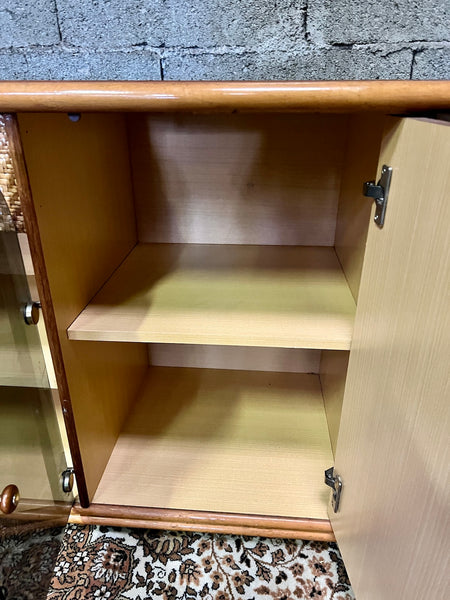 Enfilade buffet vintage en rotin, bois et cannage - Années 70