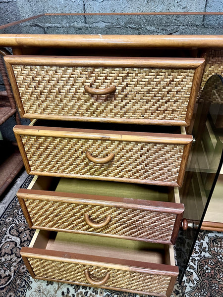 Enfilade buffet vintage en rotin, bois et cannage - Années 70