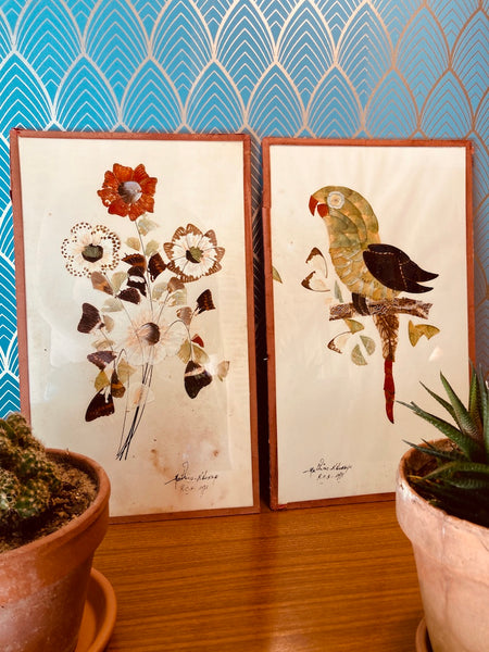 Paire de cadres / tableaux vintages en marqueterie d'ailes de papillons - M. NDokaye - 1971