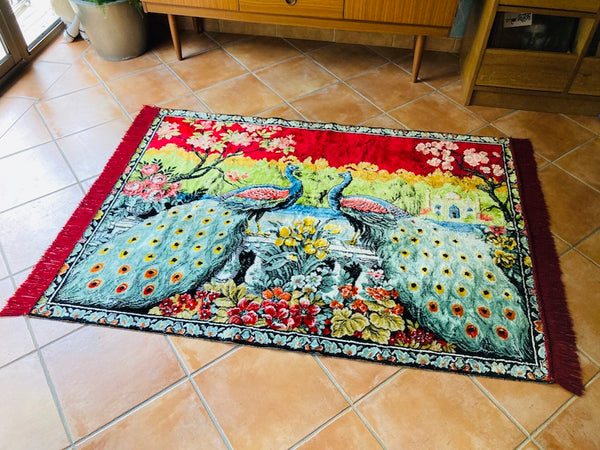 Tapis vintage turc tissage à la main paons sur fond Taj Mahal