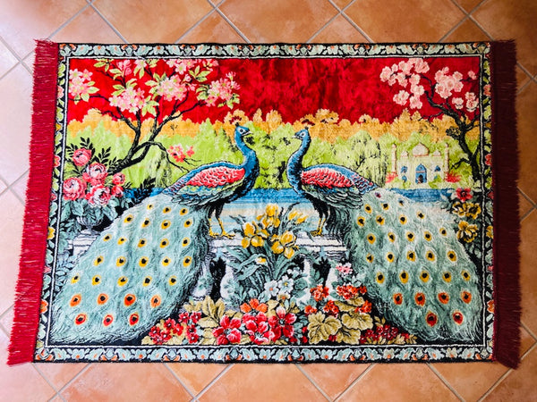 Tapis vintage turc tissage à la main paons sur fond Taj Mahal
