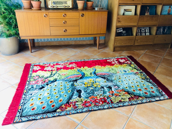 Tapis vintage turc tissage à la main paons sur fond Taj Mahal
