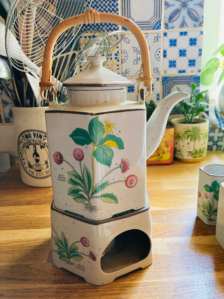 Service à thé / tisane vintage en céramique avec théière, réchaud à bougie et 6 tasses
