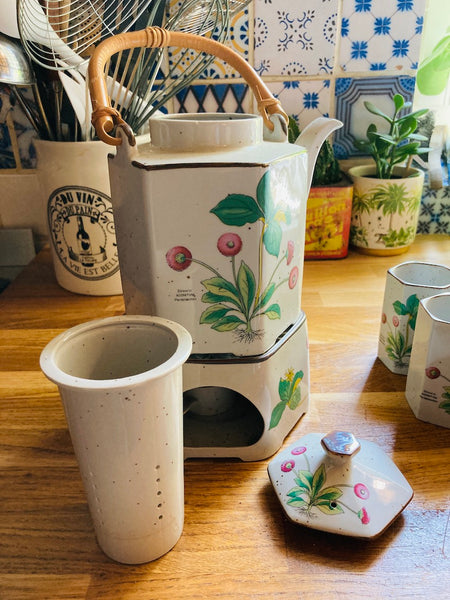 Service à thé / tisane vintage en céramique avec théière, réchaud à bougie et 6 tasses