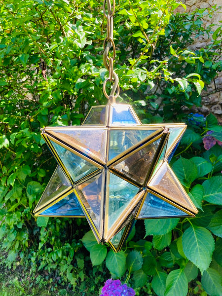 Luminaire étoile marocaine moravienne en laiton et verre de couleur