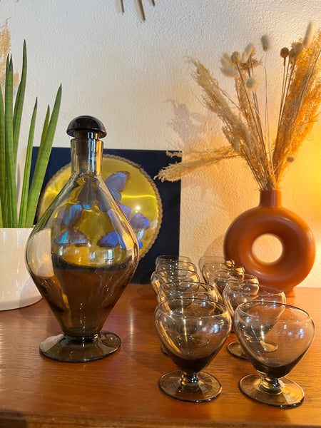 Service à liqueur vintage style Art Déco en verre soufflé marron - Made in Belgique - 1970