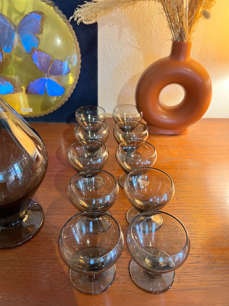 Service à liqueur vintage style Art Déco en verre soufflé marron - Made in Belgique - 1970