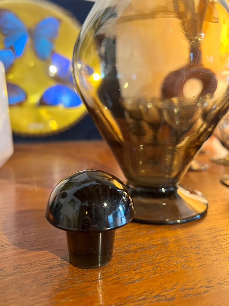 Service à liqueur vintage style Art Déco en verre soufflé marron - Made in Belgique - 1970