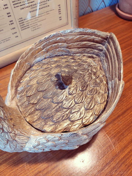 Cache-pot cygne vintage en métal argenté avec couvercle.