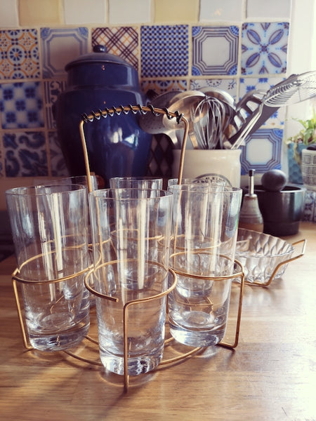 Ensemble de 6 verres soufflés et plateau avec support laiton - Années 60/70