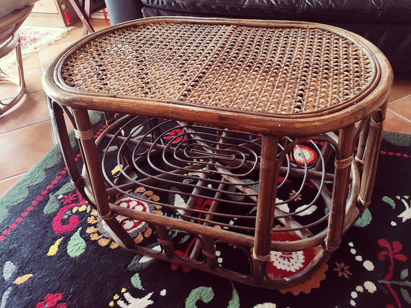 Table basse vintage en rotin et cannage