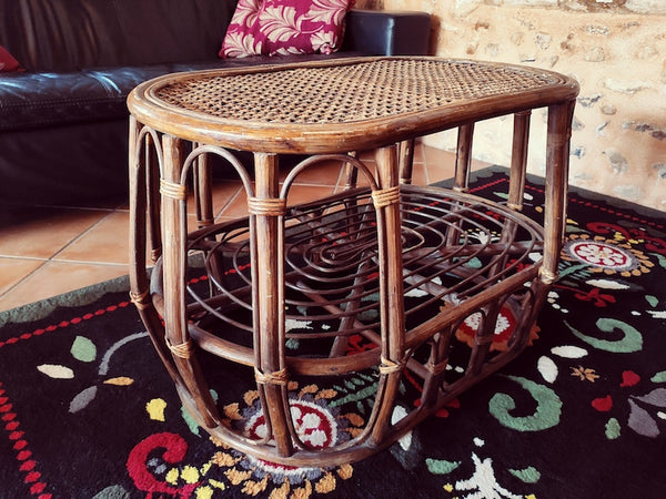 Table basse vintage en rotin et cannage
