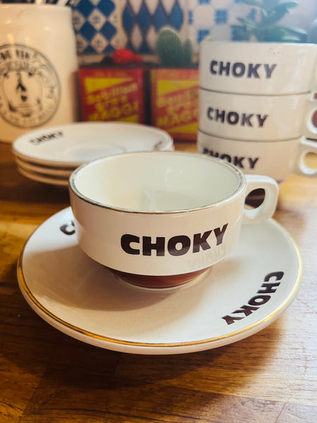 Lot de 4 tasses et sous-tasses vintages Choky en faïence