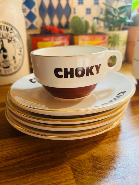 Lot de 4 tasses et sous-tasses vintages Choky en faïence