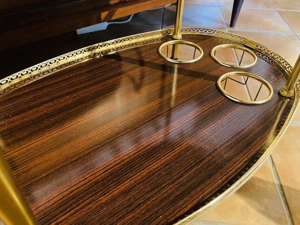 Desserte vintage à roulettes en laiton et formica marron