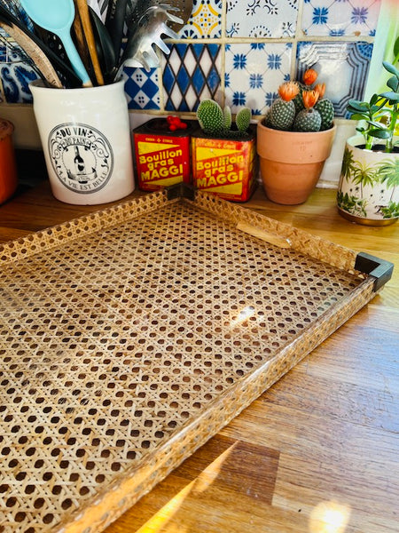 Plateau de service vintage Christian DIOR Home Collection en résine et cannage de rotin - Années 70