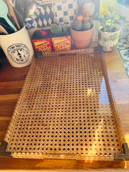 Plateau de service vintage Christian DIOR Home Collection en résine et cannage de rotin - Années 70