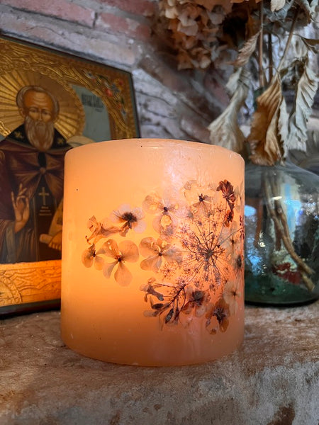 Cache bougie vintage en cire et fleurs séchées