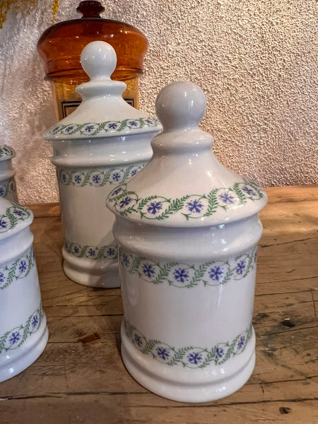 Lot de 4 pots d'apothicaire / de pharmacie vintages en porcelaine Monique Robert