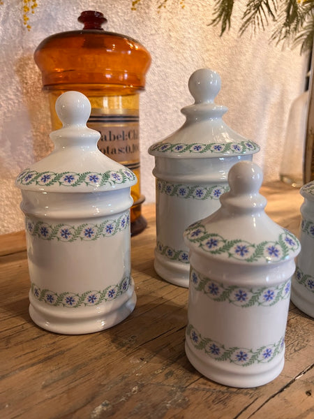 Lot de 4 pots d'apothicaire / de pharmacie vintages en porcelaine Monique Robert