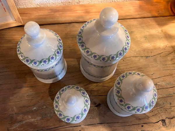 Lot de 4 pots d'apothicaire / de pharmacie vintages en porcelaine Monique Robert