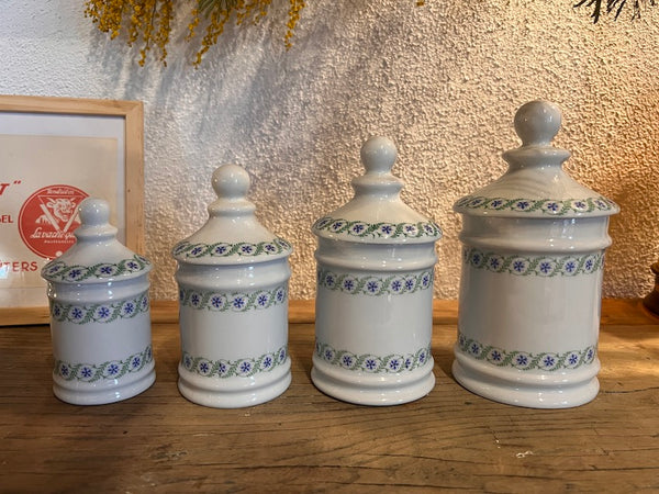 Lot de 4 pots d'apothicaire / de pharmacie vintages en porcelaine Monique Robert