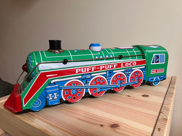 Jouet locomotive vintage en métal à piles Puff Puff Loco ME 660