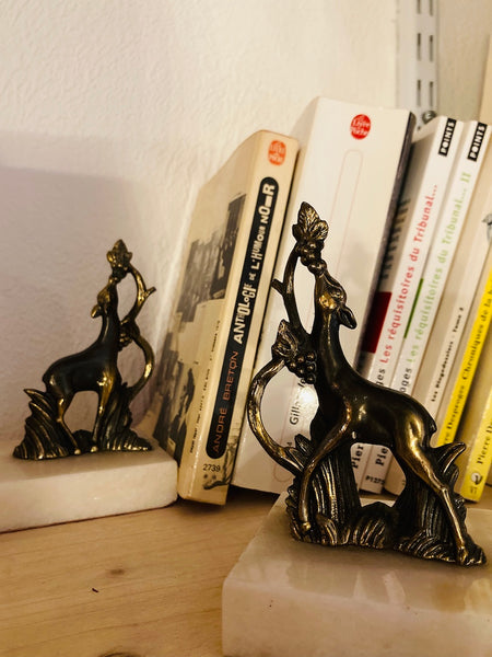 Paire de serre-livres biches en régule et pierre vintages
