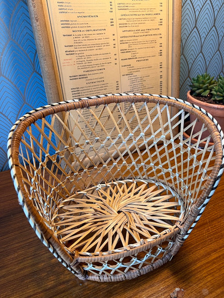 Mini banquette / porte-plante Emmanuelle vintage en rotin