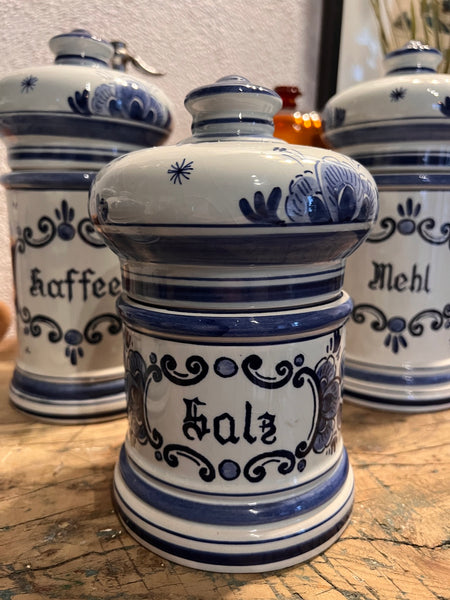 Ensemble de 5 pots de cuisine vintages en faïence de Delft (Hollande) Gilde peints à la main