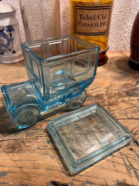 Bonbonnière vintage voiture Portieux en verre bleu